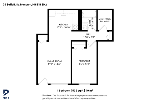 Floor plan for 1 bed, 1 bath